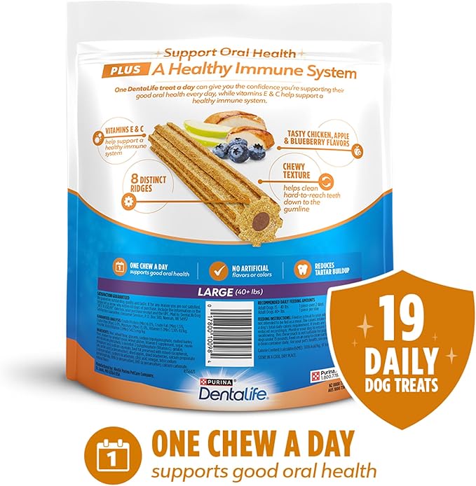DentaLife Plus Immune Support Treats for Large Dogs 40 lbs. and Over, Supports Clean Teeth and Fresh Breath, Chicken, Apple & Blueberry Flavor - 19 ct. Pouch