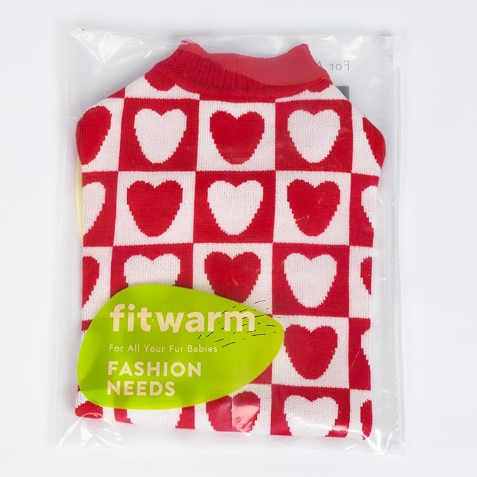 Fitwarm Checkered Heart Dog Sweater, Cozy Valentines Outfit for Small Dogs Girl, Festive Pet Clothes, Red, White, XL