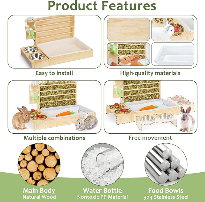 4 in 1 Rabbit Hay Feeder with Litter Box, Small Animals Hay Rack with Water Bottle, and 2 Bowls, Wooden Bunny Hay Holder Feeder Toilet Combo for Rabbit, Guinea Pig, Hamster, Hedgehog, Chinchillas
