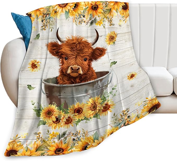 banonaty Highland Cow Sunflower Blanket Cow Throw Blankets Cozy Fleece Flannel Blanket Bedding Highnald Cow Gifts for Men Women Boys Girls Kids Teens for Couch Sofa Bed Decor 50"X60"