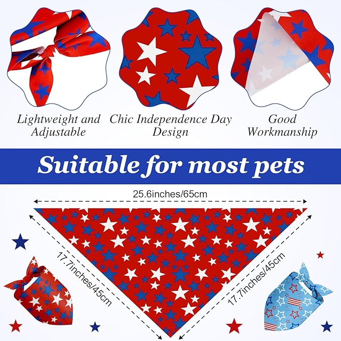 Shyyween 100 Pcs Patriotic Dog Bandanas Bulk Memorial Day Bandanas for Dogs Triangle Scarf Set for 4th of July 1776 Red White and Blue for Small Medium Large Outfit(Star, 25.6 x 17.7 x 17.7 Inch)