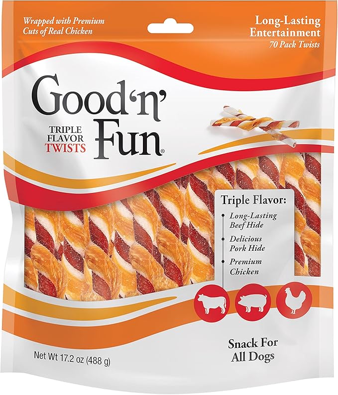 Good 'N' Fun Triple Flavor Twist Rawhide Treats For Dogs, 70 count (12 pack)