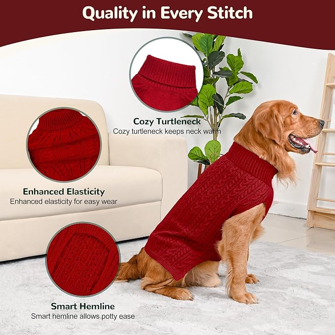 2 Pack Dog Sweaters for Large Dogs Winter Turtleneck Pullover Cable Knit Fleece Stretch Pitbull Labrador Golden Retriever Doberman Bulldog Boy Girl Pet Clothes (XL, Red & Green)