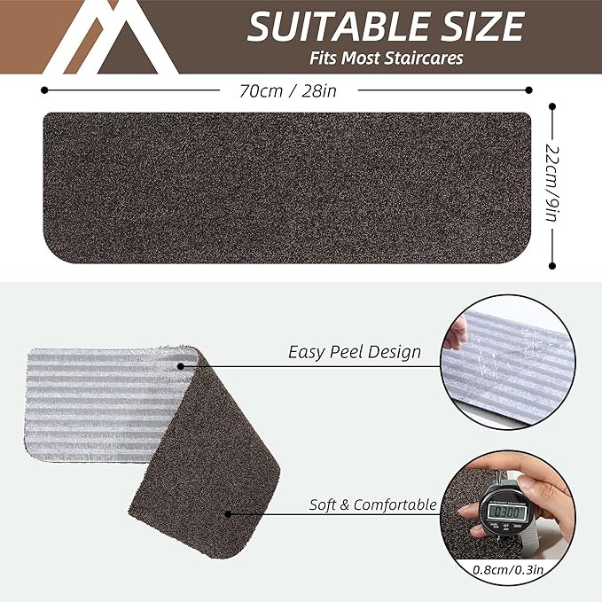 COSY HOMEER Stair Treads Non-Slip 15pcs Carpet Mat 28inX9in Indoor Stair Runners for Wooden Steps, Stair Rugs for Kids and Dogs, 100% Polyester TPE Backing Brown Protect Floor