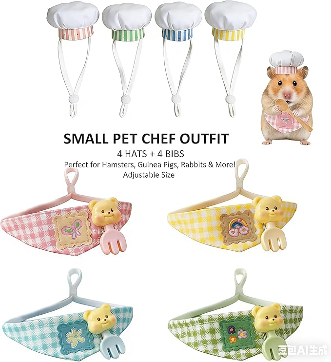 4 Pcs Hamster Chef Hat and Bib Set - Cute Small Animal Chef Costume Accessories for Hamsters Guinea Pigs, Mini Pet Chef Hats with Gingham Bibs for Dress Up & Photo Props