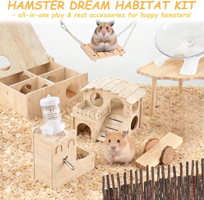 Hamster Toys Complete Set - Noiseless Silent Exercise Wheel, Maze Wood House, Stand, Chew Toys & Water Bottle Cage Accessories for Hamster, Rat, Mice Small Animal Habitat