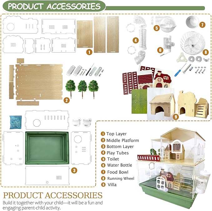 12 in 1 Clear Acrylic Hamster Cage with All Accessories,13.5''L* 10''W* 15''H Dwarf Hamster Cage,Magnetic Connection Small Hamster Enclosure,Garden Style Wooden Mouse Cage for Pet Mice(2-Layer,Green)