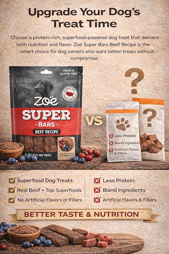 Zoe Super Bars Beef Recipe Dog Treats - Protein Packed Snacks with Berries and Flax Grain Gluten Free 32 oz Bag Big of Made The Finest Ingredients, 2 Pound (Pack 1)