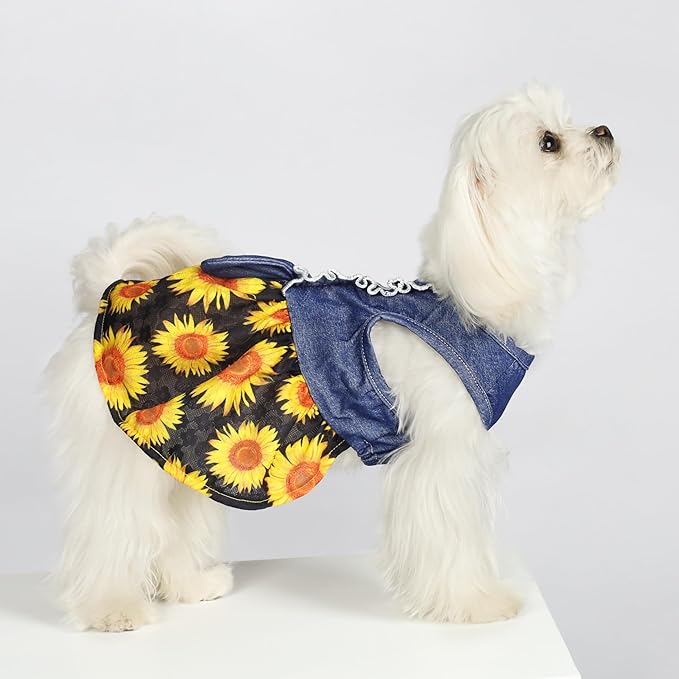 Fitwarm Sunflower Denim Dog Dress, Dog Clothes for Small Dogs Girl, Pet Cat Outfit, Blue, Black, Yellow, Red, XS