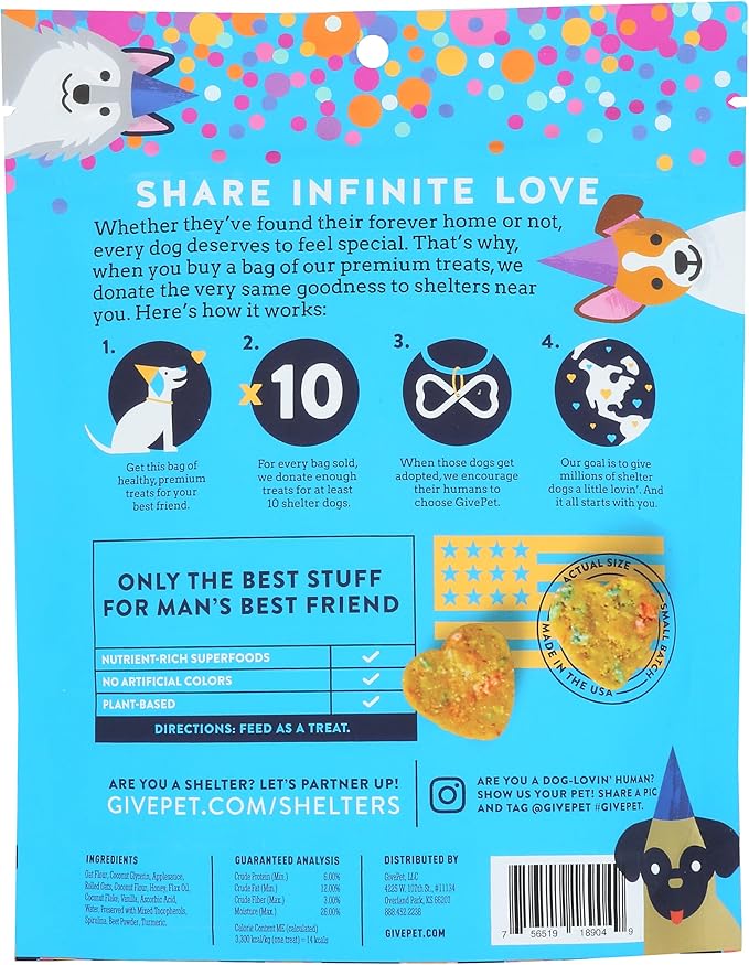 GivePet Birthday Bash Dog Treats 6 Oz -Training Treats, No Artificial Flavors - Applesauce, Rolled Oats & Honey Snacks -Treat Bag