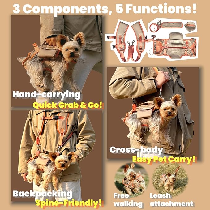 Pet Carrier Sling & Backpack, Full Body Lift Harness, Soft Lift Support and Rehab Harness for Small Dogs and Cats (Khaki, XS)