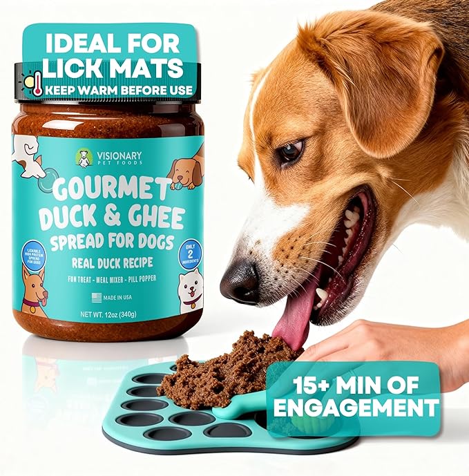 Visionary Pet Foods Duck Meat Spread - Healthy Dog Treat - Alternative to Dog Peanut Butter, Xylitol Free, No Sugar and Filler Free - Use on Lick Mat, Food Mixer, Pill Pockets - 12oz Jar