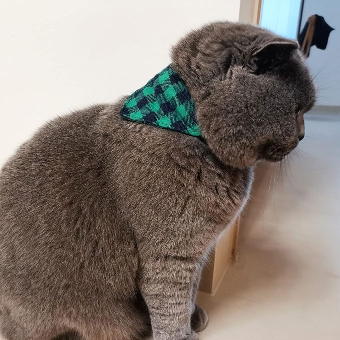 3PCS Bow Tie Dog Collar and Leash Set Plaid/Camo/Dots/Flower Dog Bandanas with Bell 3 Size Adjustable for Small Dogs Puppies and Cats (XS, Green Plaid)