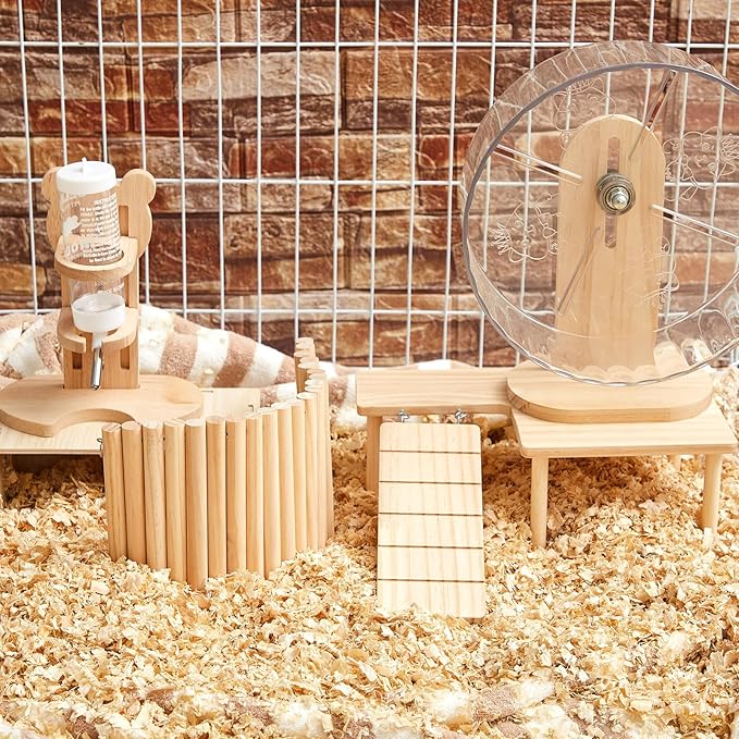 6 Pcs Hamster Toys Set, Maze Wood House, Climbing Ladder Wooden Bridge Tunnel Toy Platform Silent Exercise Running Wheels and Water Bottle Set for Rat Guinea Pig Habitat Cage(Premium)