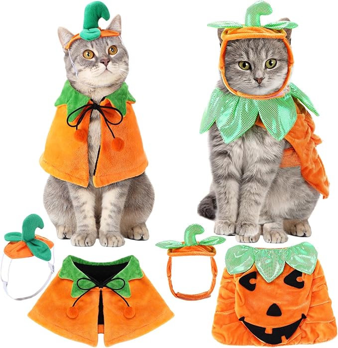 Huhumy 2 Sets Pet Pumpkin Costume Cat Halloween Cloak Hat Set for Dog Cat Halloween Costumes Pumpkin Hat for Dogs Puppy Poncho Small Medium Pets Cosplay