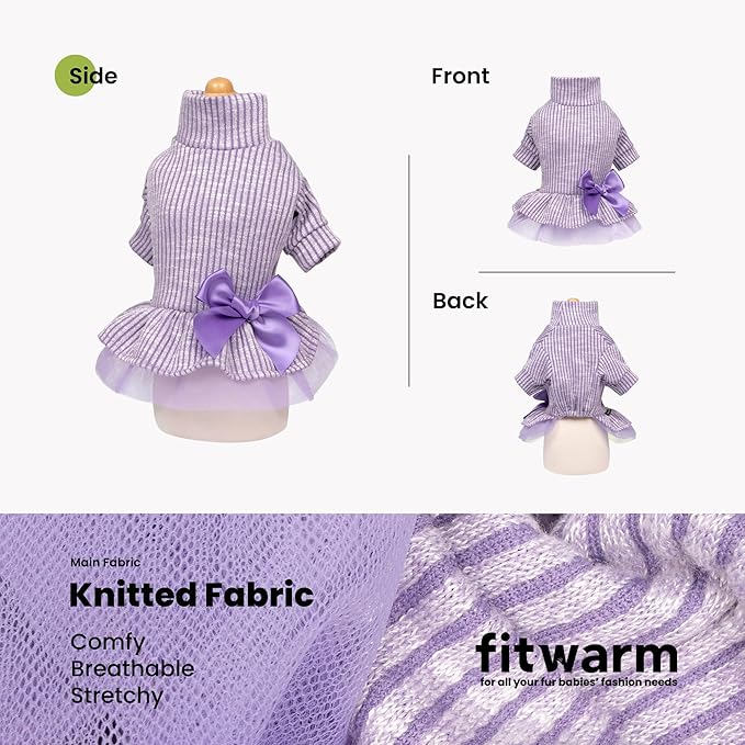 Fitwarm Collared Neck Tulle Dog Dress, Cozy Winter Clothes for Small Dogs Girl, Pet Outfits, Purple, Medium