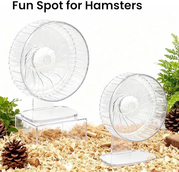 Silent Hamster Wheel, 10in Hamster Wheel with Adjustable Stand, Double-Bearing Quiet Spinner for Syrian Hamsters, Hedgehogs, Mice & Small Pets, Clear