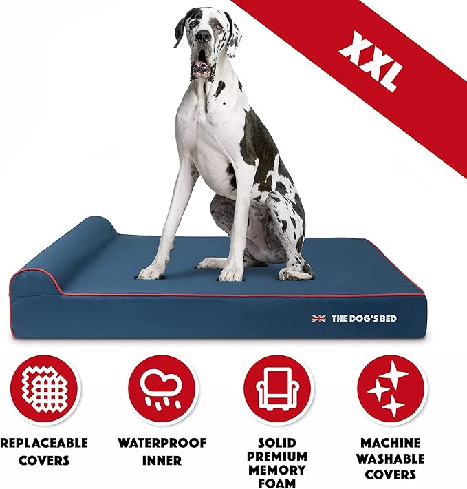 The Dog’s Bed Orthopedic Memory Foam Dog Bed with Headrest, Calming Surface – CertiPUR-Certified Foam, Oxford Fabric, Blue with Red Trim UK Flag, XXL, 6-Inch