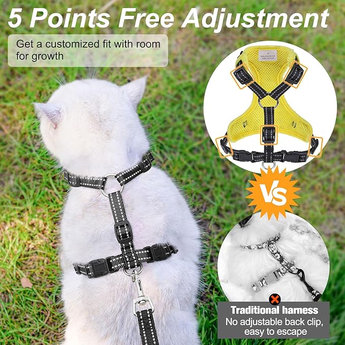 BEAUTYZOO Cat Harness, Escape Proof Cat Leash and Harness Set for Walking, Soft Breathable Vest Harness with Safety Neck Adjustable, Reflective Easy-Control Kitten Harness for Cats (Bee Design)