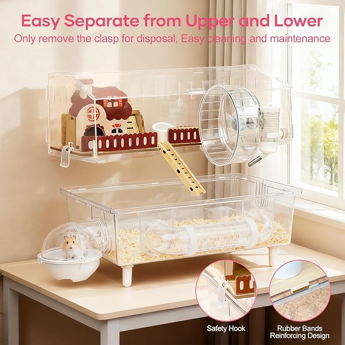 Large Hamster Cage 9 in 1 with All Accessories, 2-Layer Acrylic Hamster House with Full Transparent Viewing,Top Open Mouse Cage for Pet Mice,Hamster Habitat for Dwarf Hamster, Gerbils (Transparent)