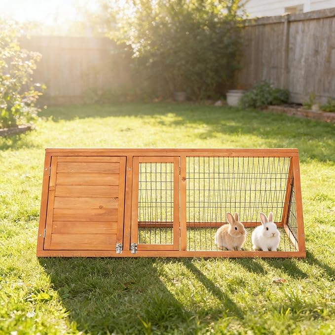 Wooden A-Frame Rabbit Hutch Bunny Cages with Ventilating Wire & 2 Doors Indoor Outdoor Portable Playpen Run House for Chicken Duck Quail Poultry & Small Animals (Natural Wood)