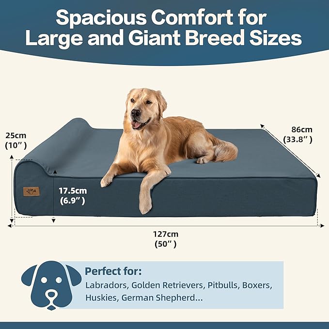 Sytopia XXL 35D Memory Foam Dog Bed for Extra Large Dogs – 7" Thick Orthopedic Pet Couch for Seniors and Big Breeds up to 150 Pounds, with Water-Resistant Liner & Washable Cover – Blue Grey