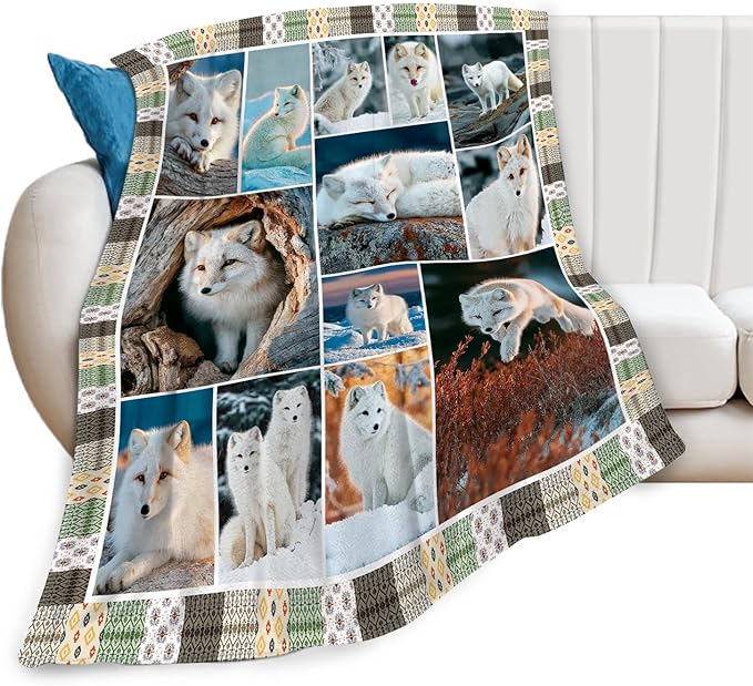 Fox Throw Blanket White Fox Stuff Gifts for Kids Girls Boys Adults Women Men Soft Cozy Warm Plush Fluffy Fuzzy Fleece Blanket Decor 60''X80''