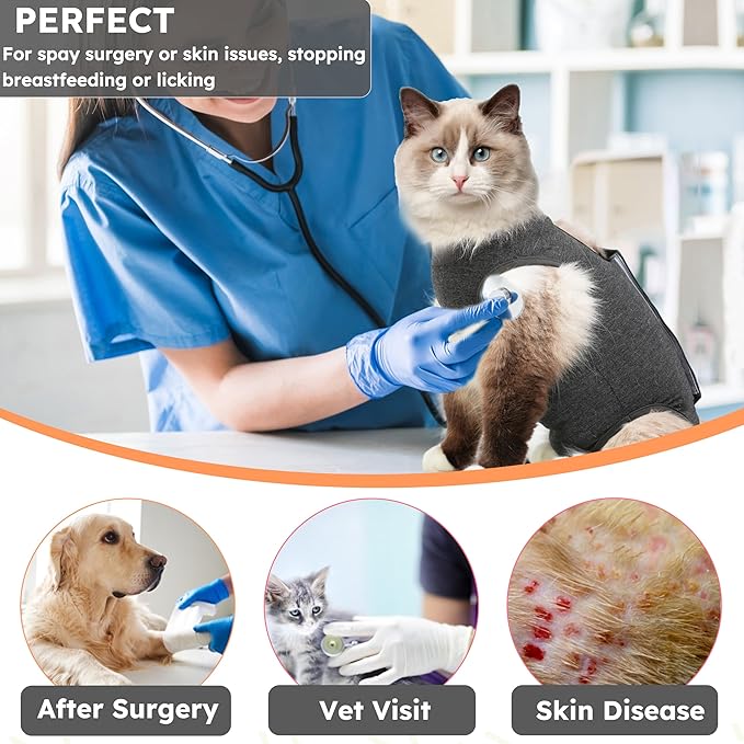 Hpetppy Cat Recovery Suit After Surgery, Breathable Cat Surgery Recovery Suit for Spay Abdominal Wounds or Skin Diseases, E-Collar Alternative Wear for Small Male Female Pets (Dark Grey, L)