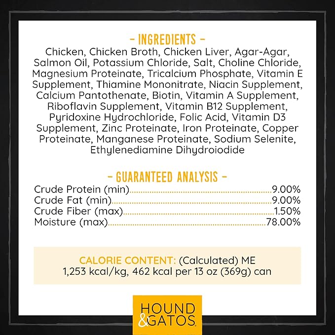 Hound & Gatos Wet Dog Food, 98% Real Meat, Single Protein Chicken Recipe, High Protein, Supports Digestive Health, Limited Ingredients, Grain Free, 13 oz. Cans (Pack of 12)