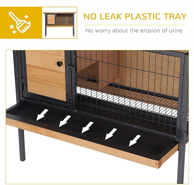 PawHut Rabbit Hutch Elevated Bunny Cage Small Animal Habitat with Metal Frame, No Leak Tray, Metal Wire Pan, Openable Water-Resistant Asphalt Roof for Rabbits, Chickens, Ducks, Indoor/Outdoor Natural