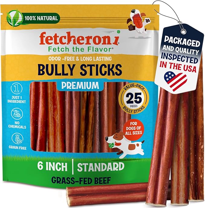 Bully Sticks for Puppies - Odor-Free Bully Sticks (6 Inch, 25 Pack), 1 lb. Bag, Fully Digestible 100% Beef Pizzle Chews, Grass-Fed, Non-GMO, Grain-Free,