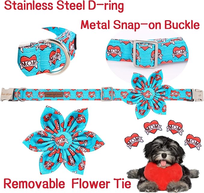 Unique style paws Valentine's Day Dog Collar with Flower Tie Blue Heart Puppy Collar Best Gift for Small Medium Large Boys Girls-S