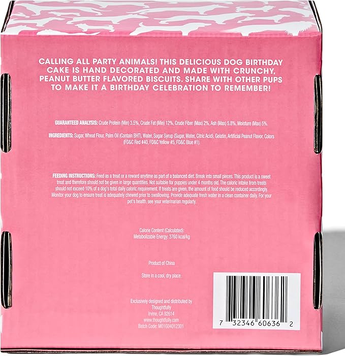 Thoughtfully Pets, Pink Dog Happy Birthday Mini Cookie Cake, Peanut Butter Flavored, Hand Decorated Hollow Biscuit Dog Treat Cake for All Small Large Breeds