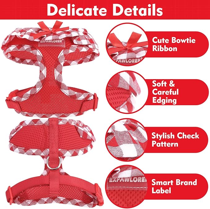 EXPAWLORER Cute Dog Harness and Leash Set - Red Girl Dog Harness Checkered Step-in Design, Easy Adjustable No-Choke Lightweight Breathable Vest for Puppy Small Dogs Cats Outdoor Walking, Small