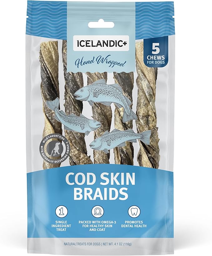 Icelandic+ Cod Skin Braids - 5 Pack - Dog Treat Chews, 5.5-7" Sticks, Single Ingredient, Air-Dried, Hand-Wrapped Wild-Caught Fish, Omega-3 Pet Snack