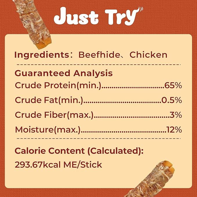 Just Try 10.6" Chicken Wrapped Rawhide Chew Sticks for Dogs - Long Lasting Dog Chews, Healthy Dog Bones Dental Treats for Medium Dogs