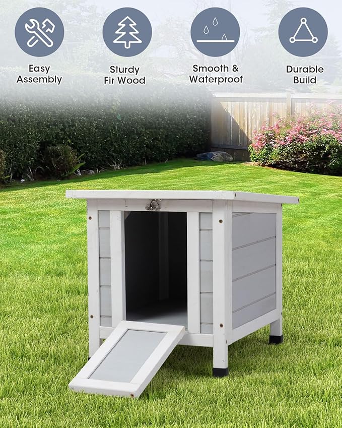 SANDINRAYLI Outdoor Cat House Weatherproof, Wooden Rabbit Hutch Bunny Cage Chicken Coops Shelter with Elevated Floor for Feral Cat/Bunny/Guinea Pig/Duck, Grey