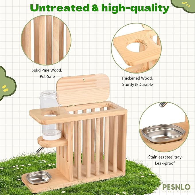 Small Animals Hay Rack with Height-Adjustable Water Bottle.Natural Wood. Wooden Bunny Hay Holder Feeder for Rabbit, Guinea Pig, Hamster, Hedgehog, Chinchillas