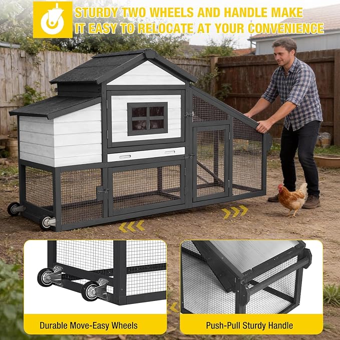 Aivituvin Chicken Coop with Run and Wheels, Mobile Outdoor Hen House Wooden Poultry Cage with Waterproof Roof (Black, AIR23)