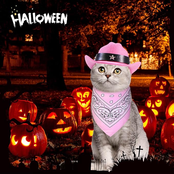GOYOSWA Cat Cowboy Costume, Cat Halloween Costumes Funny Pet Cowboy Hat and Bandana Set for Cats Kittens Pets (Pink)