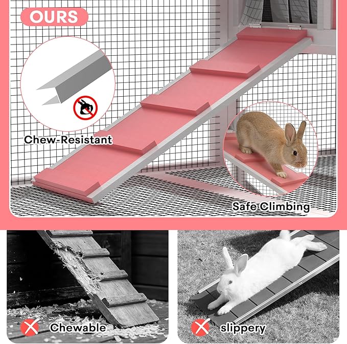 TIMHAKA 2-Story Rabbit Hutch, Insulated Bunny Hutch w/Chew-Proof Ramp & Wheels, Indoor/Outdoor Bunny Cage w/Leak-Proof Trays and Openable Waterproof Roof for Guinea Pig, Pink