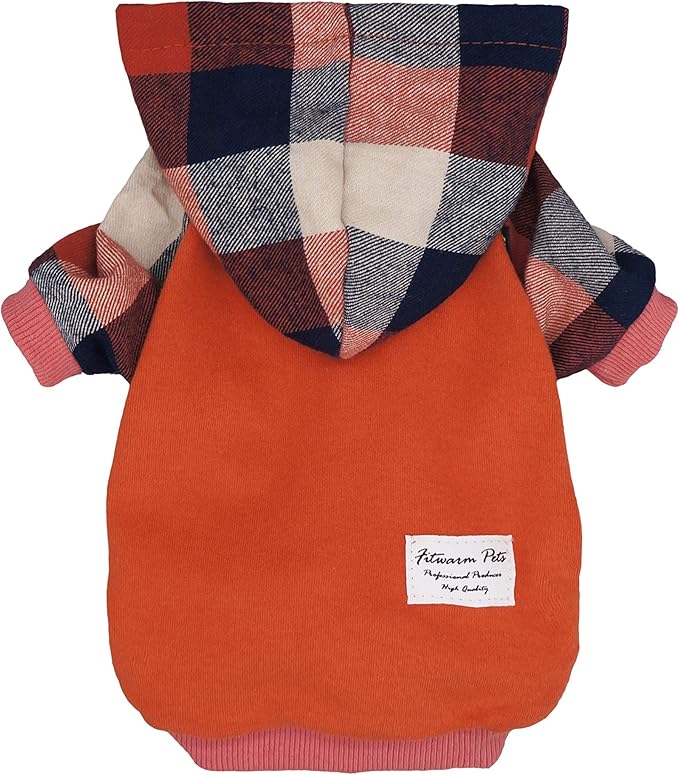 Fitwarm Dog Plaid Shirts Doggie Clothes Puppy Hoodies Cat Hooded T Shirts Pet Outfits Cotton Orange XS
