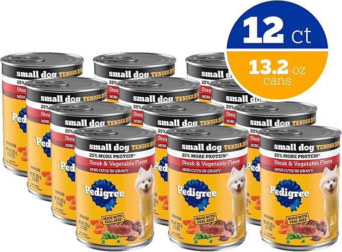 Pedigree Small Dog Tender Bites in Gravy Wet Dog Food Cans, Steak & Vegetable Flavor, 13.2 oz. Cans, 12 Count