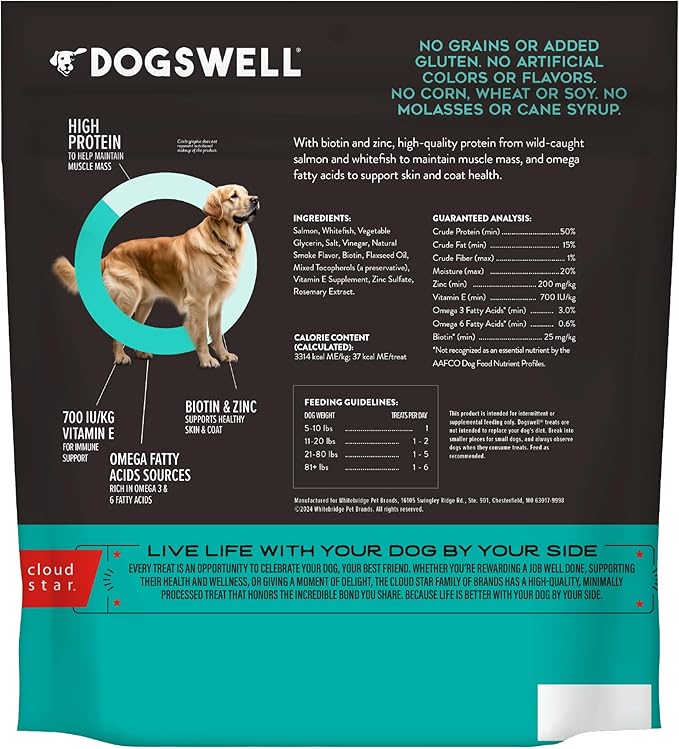 DOGSWELL Skin & Coat Jerky Dog Treats, Salmon, 18 oz. Bag