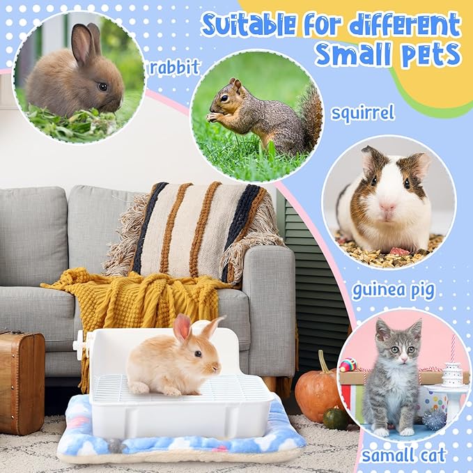 20 Pcs Rabbit Starter Kit Small Bunny Litter Box Animal Grooming Kit with Hanging Pet Bowls Water Bottle Bunny Toys Flannel Blankets with Cleaning Set for Guinea Pig Rabbit Accessories(Blue)
