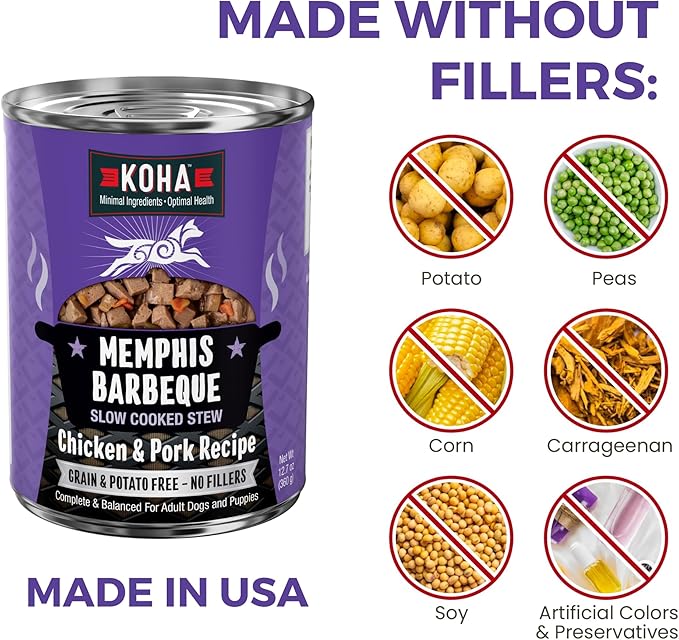 KOHA Memphis BBQ Stew for Dogs with Chicken and Pork, High Protein Wet Dog Food, 12.7oz Cans (Case of 12)