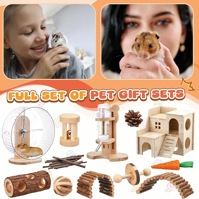18 Pcs Hamster Cage Accessories, Silent Hamster Wheel, Chew Toys Set, Maze Wood House and Water Bottle Set for Rat Mice Small Animals Habitat (Natural Log Style)