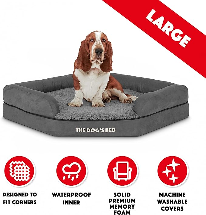The Dog’s Bed Orthopedic Memory Foam Corner Dog Bed, Calming Surface – CertiPUR-Certified Foam, Plush Fabric, Grey Plush, Large