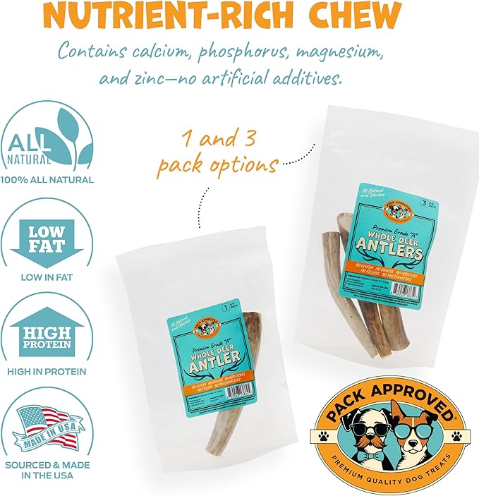 Whole Deer Antler for Dogs - Long Lasting Chews for Aggressive Chewers - Single Ingredient Odorless Treat for Small & Medium Dogs - 4-5" (1ct)