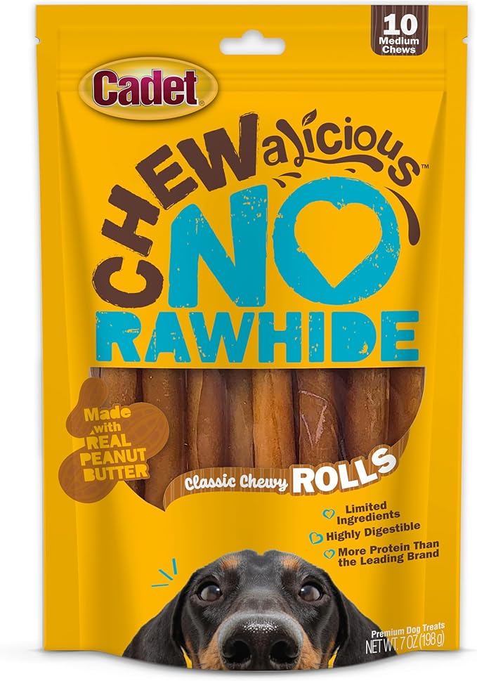 Cadet Chewalicious Classic Chewy Rolls with Real Peanut Butter, Rawhide-Free Healthy Dog Chews, Limited-Ingredient & Long-Lasting Chew Treats for Dogs, Peanut Butter Flavor, 10 Count